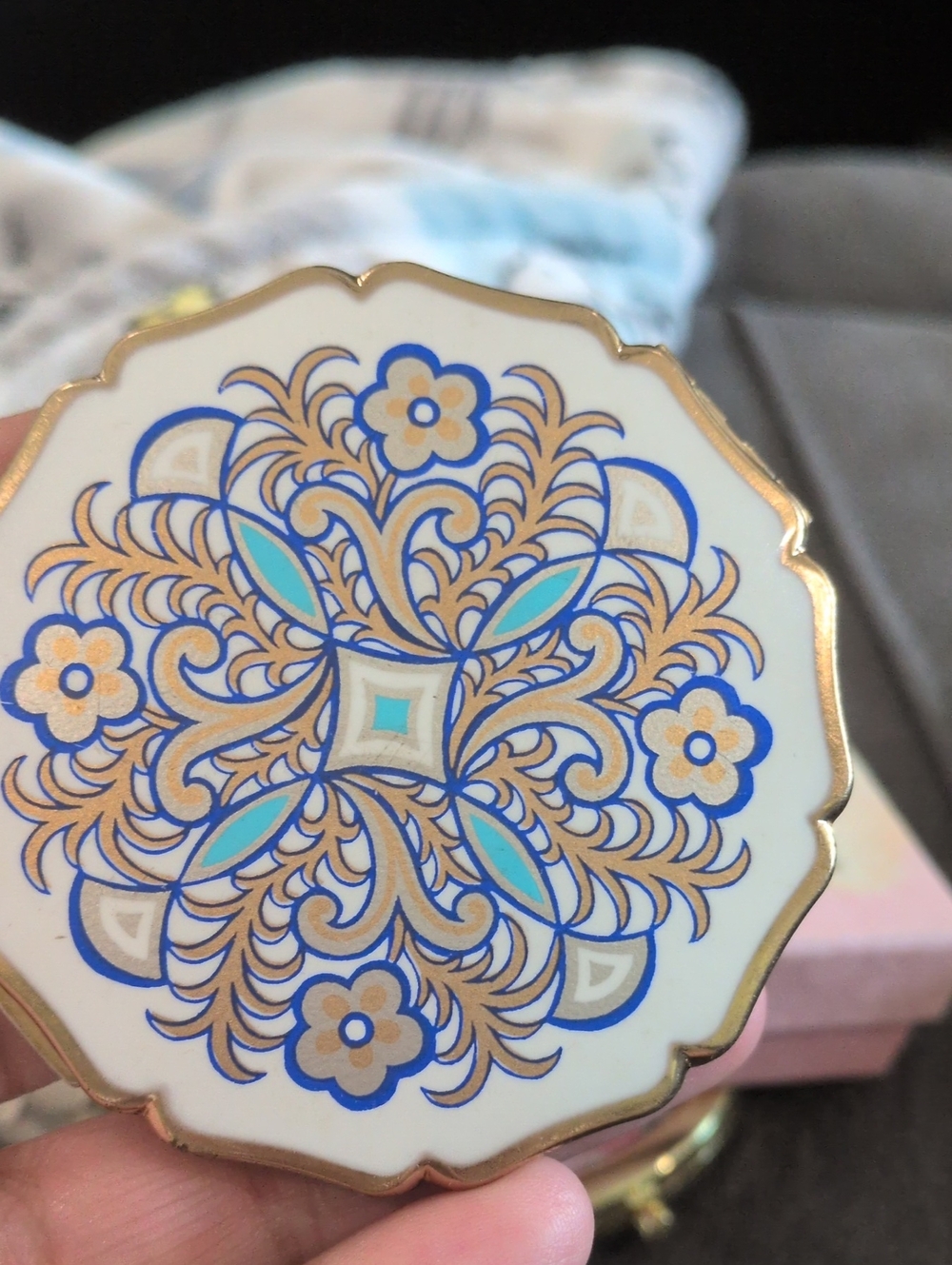 Vintage  Blue & Gold Floral Compact Mirror - Unbranded